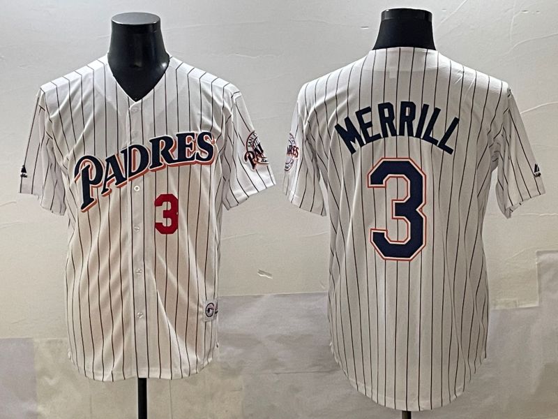 Men 2025 San Diego Padres #3 Merrill White Stripe Throwback Game Nike MLB Jersey style 3
